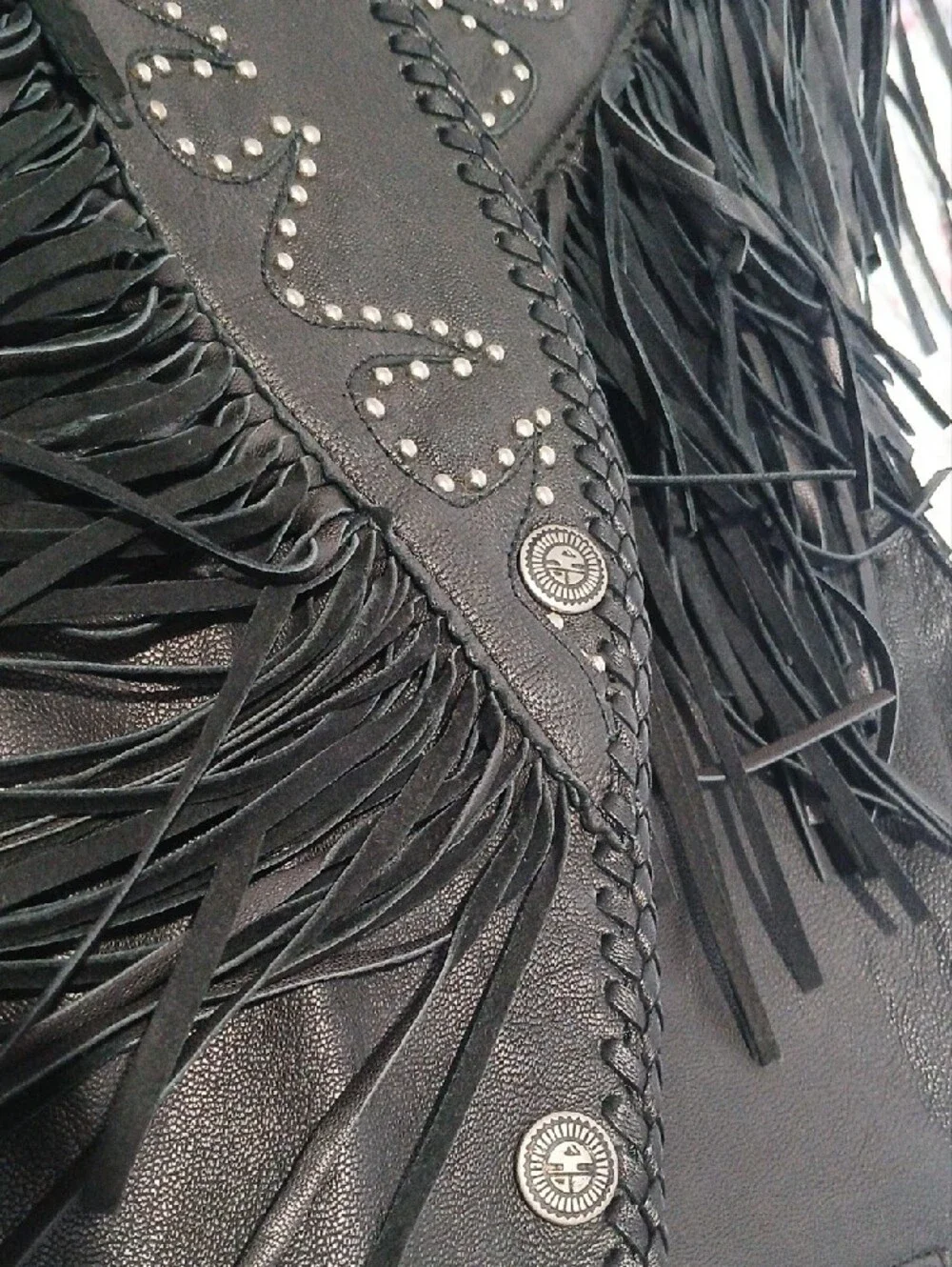 Sz. M - Black Leather Fringe Vest with Stud Accents